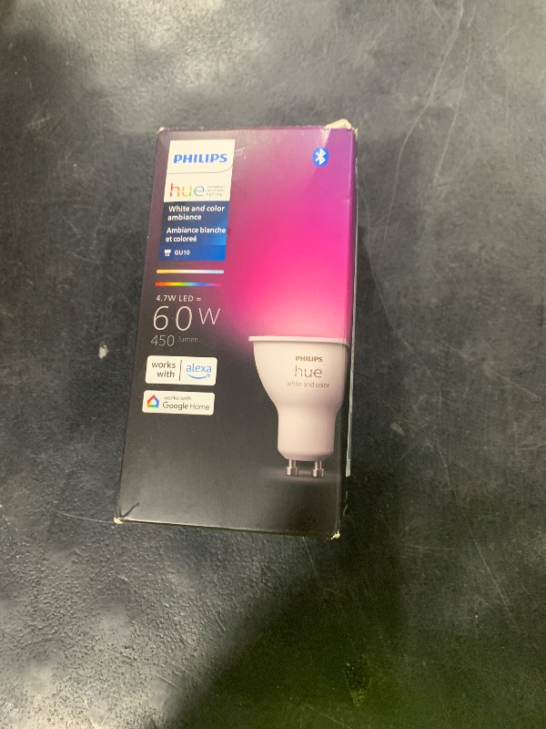 Photo 1 of Philips Hue Smart 60W GU10 LED Bulb - White and Color Ambiance Color-Changing Light - 1 Pack - 400LM - Indoor - Control with Hue App - Works with Alexa, Google Assistant and Apple Homekit, 584656