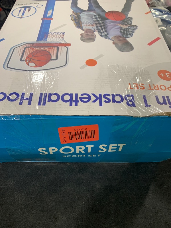 Photo 1 of HYES 2 in 1 Kids Basketball Hoop and T Ball Set - Adjustable Height, Kids Baseball Tee with Automatic Pitching Machine, Indoor Outdoor Sport Toys Gifts for Toddler Boys Girls Age 1-5, Blue