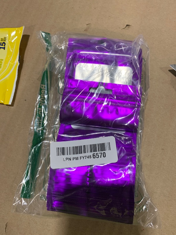 Photo 1 of 100 PCS Resealable Mylar Bags with Zipper and Frosted Clear Window Smell Proof Packaging Bags Foil Pouch Zip Bag for Food Self Sealing Storage Supplies (Purple, 3.14x5.11)