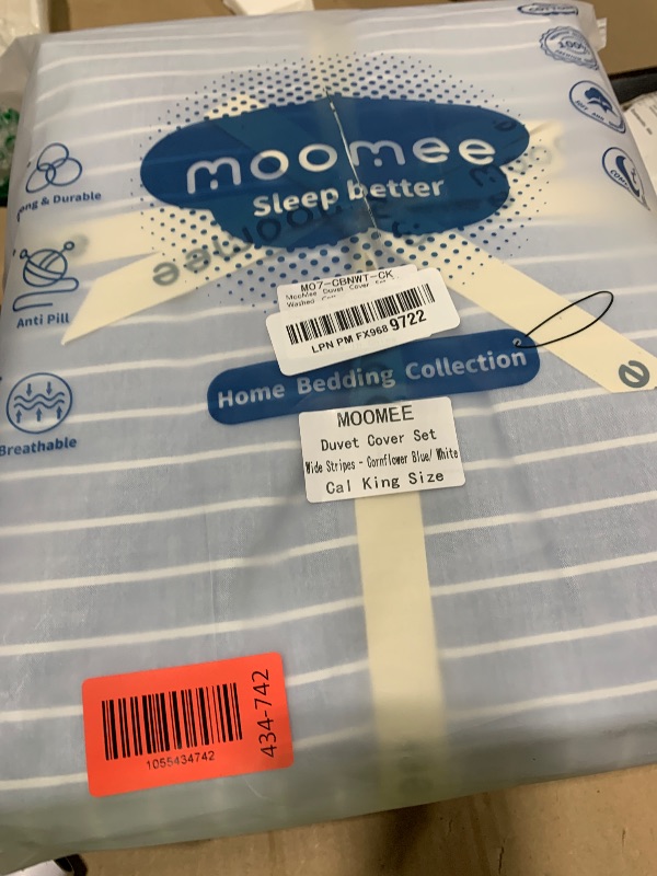 Photo 1 of MooMee Striped Duvet Cover Set 100% Washed Cotton Linen Like Textured Breathable Durable Soft Comfy (Cornflower Blue White Wide Stripes, Cal King 104"x98")