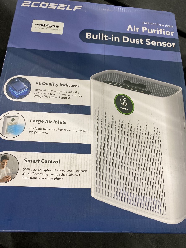Photo 1 of ECOSELF Smart Air Purifier for Home Large Rooms, with WiFi Control, Covers Up to 2400 Ft², Smart Mode, AQI Display, 22dB Sleep Mode & Aromatherapy with 2X-Power Filtration, HAP603WF, White