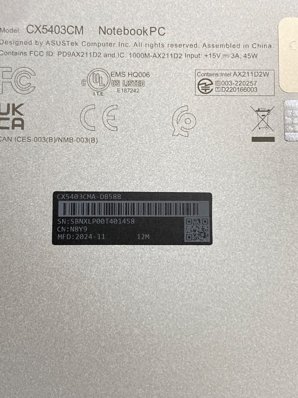 Photo 1 of ASUS ExpertBook CX54 Chromebook Plus Laptop with Google AI, 14" 2560x1600 Display, Intel® Core™ Ultra 5 Processor, 8GB RAM, 128GB SSD, ChromeOS, Fog Silver, CX5403CMA-DB588