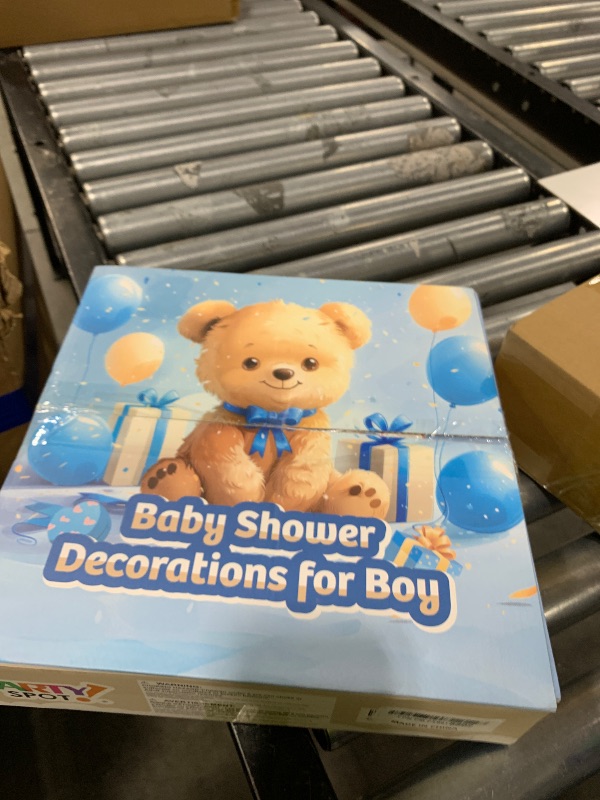 Photo 1 of Party Spot?Bear Baby Shower Decorations Boy,80 pcs Balloons,4 Wood Grain Blocks with Letter,"We can bearly wait" Backdrop,Banner,Tablecloth,Balloon Pump, Blue Brown Bear Theme