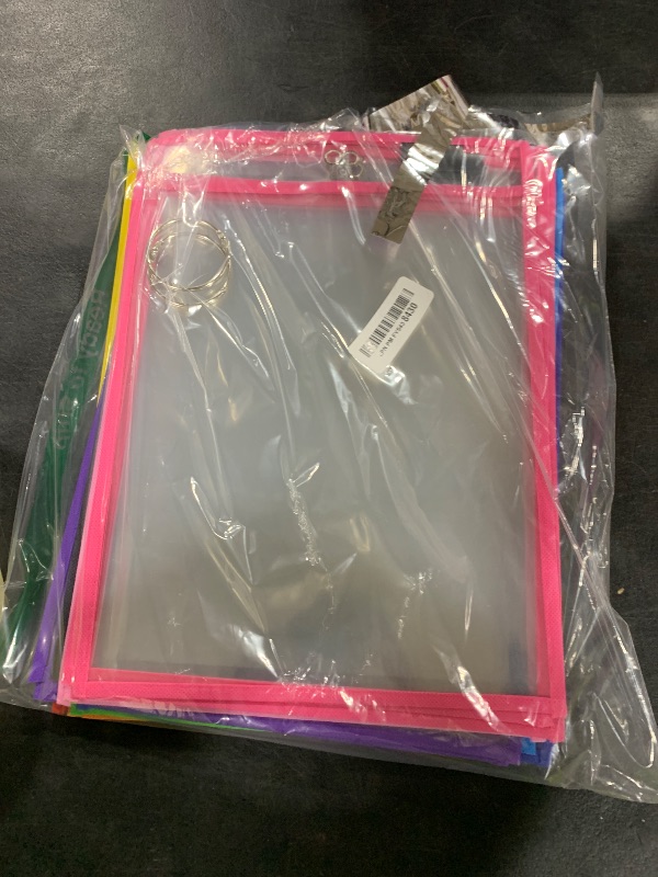 Photo 1 of SUNEE 30 Packs Oversized Reusable Dry Erase Pocket Sleeves with 2 Rings, 10 Assorted Colors 10x14 Ticket Holders, Clear Plastic Sheet Protectors, Teacher School Classroom Supplies