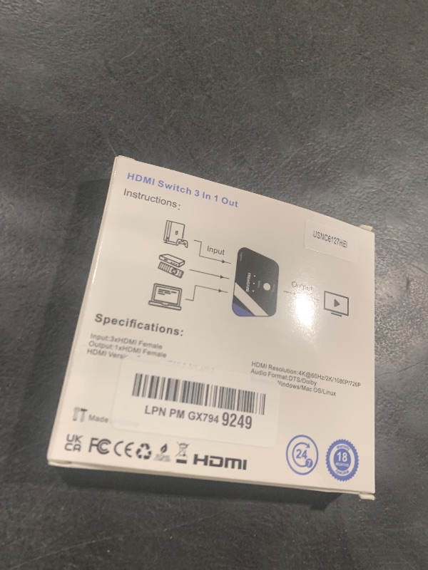 Photo 1 of [Upgrade] HDMI Switch 3 in 1 Out, 4K@60Hz HDMI 2.0 Switch Splitter with 2.6FT Long HDMI Cable, 3-Port HDMI Switcher Selector, Supports 4K 30Hz 3D 1080P HDCP2.2 for PS5 Xbox DVD Player Fire Stick PC