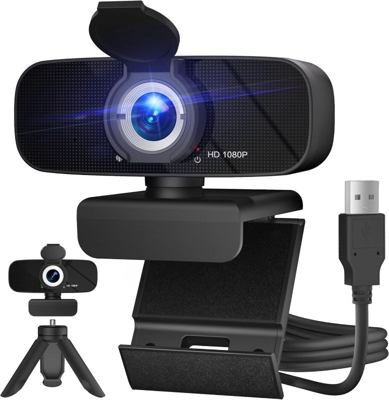 Photo 1 of 1080P Full HD Webcam with Privacy Cover, Wide Angle Lens, Active Light Correction, Plug and Play USB Webcam for PC, Desktop, Laptop