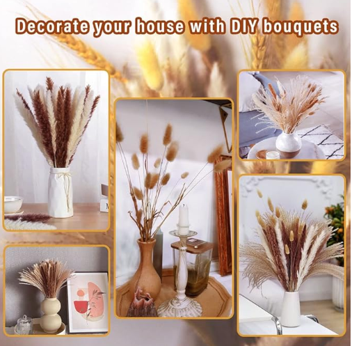 Photo 1 of ***MAY NOT BE 100PCS*** EliSmart Dried Pampas Grass Decor, 100 Pcs Pampas Grass Including White & Natural Pampas Grass Dried Flowers, Reed Grass Bouquet, Bunny Tails, Wheat Stalks for Wedding Boho Home Party Decor, 17.5 Inch