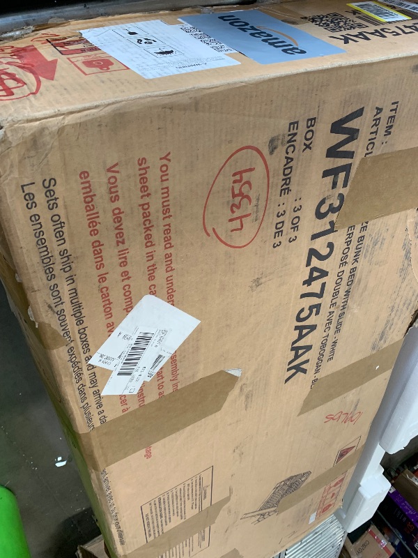 Photo 1 of **BOX 3 OF 3, MISSING BOXES 1 & 2*** Ball & Cast Twin-Over-Twin Castle Style Bunk Bed,Wood Bunkbed w/ 2 Drawers and 3 Shelves,Full-Length Fence,Bedframe with Slide & Storage Ladder,Space Saving,Slat Support,for Child's Bedroom,White