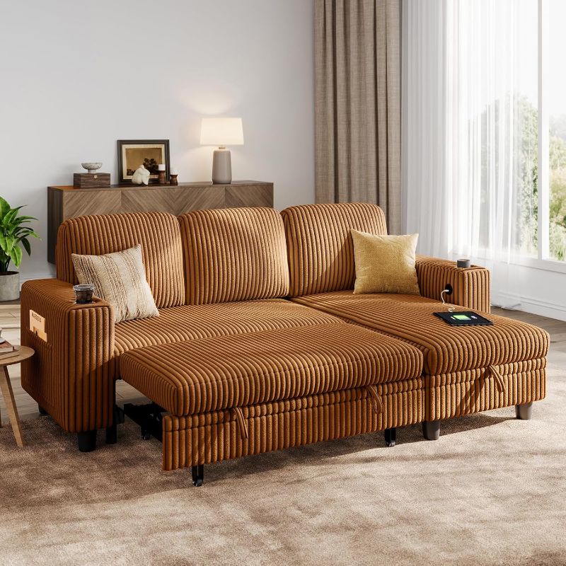 Photo 1 of LINSY HOME Sectional Sleeper Sofa with Storage Chaise & USB Charging, Convertible Pull Out Couch Bed Plush Corduroy Modular Sectional Couches for Living Room Apartment (Brown) box 2 of 3 missing box 1 and 3 
