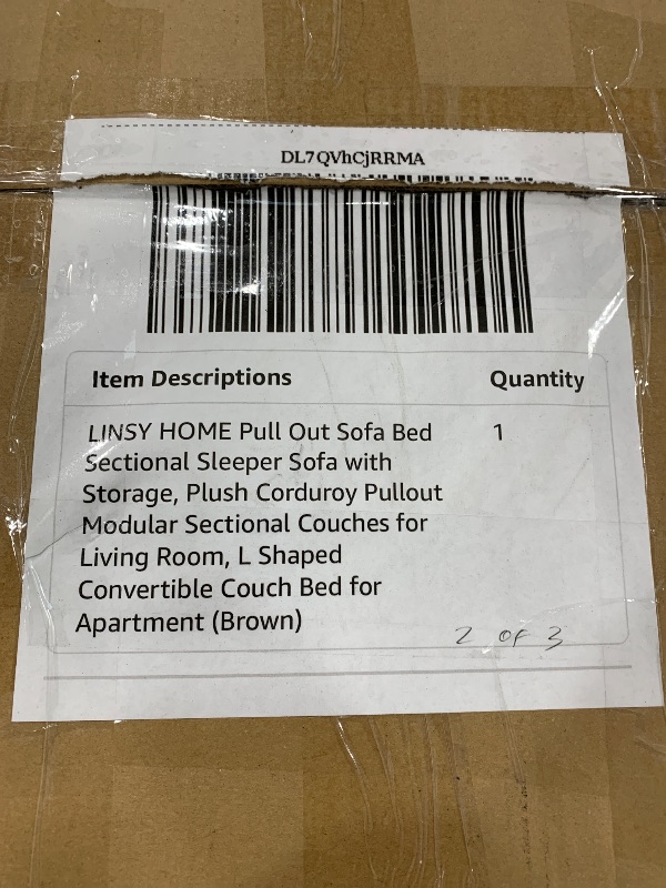 Photo 3 of LINSY HOME Sectional Sleeper Sofa with Storage Chaise & USB Charging, Convertible Pull Out Couch Bed Plush Corduroy Modular Sectional Couches for Living Room Apartment (Brown) box 2 of 3 missing box 1 and 3 
