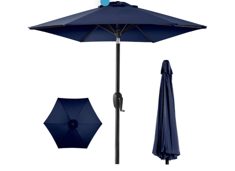 Photo 1 of  7.5ft Heavy-Duty Round Outdoor Market Table Patio Umbrella w/Steel Pole, Push Button Tilt, Easy Crank Lift - Navy Blue MISSING BASE