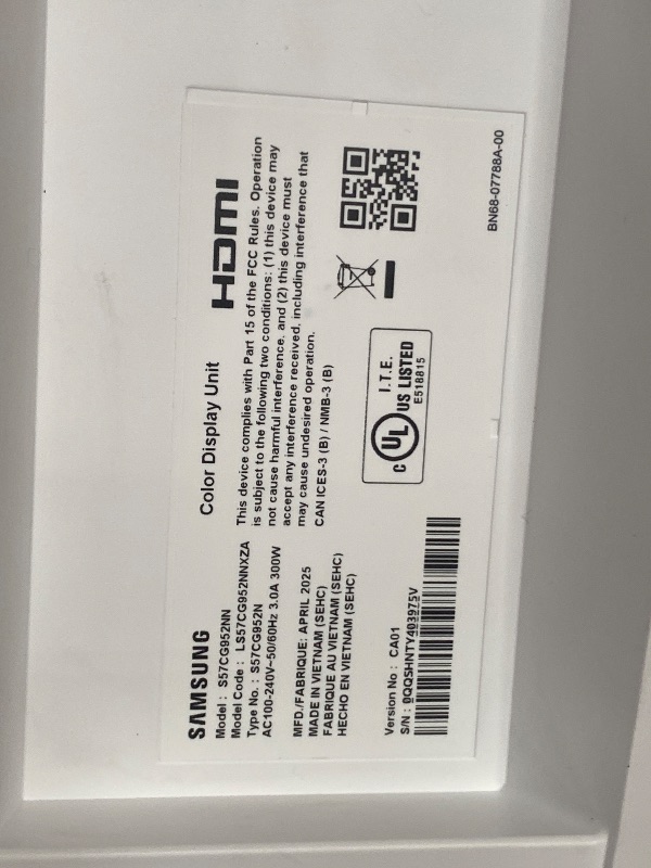 Photo 1 of *********FUNCTIONS, BUT MINOR DAMAGE TO SCREEN (SECOND PICTURE)** NO POWER CORD***
SAMSUNG 57" Odyssey Neo G9 (G95NC) Series Dual 4K UHD 1000R Curved Gaming Monitor, 240Hz, 1ms with DisplayPort 2.1, Quantum Mini-LED, DisplayHDR 1000, AMD FreeSync Premium 