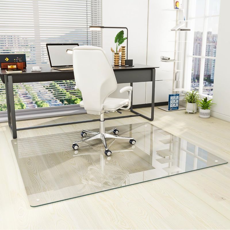 Photo 1 of [Tempered Glass] 46" x 55" Glass Chair Mat, Heavy Duty Hard Floor Mat with Round Corner and Polished Edge, Office Chair Mat for Carpet Office Home Hardwood Floor Desk