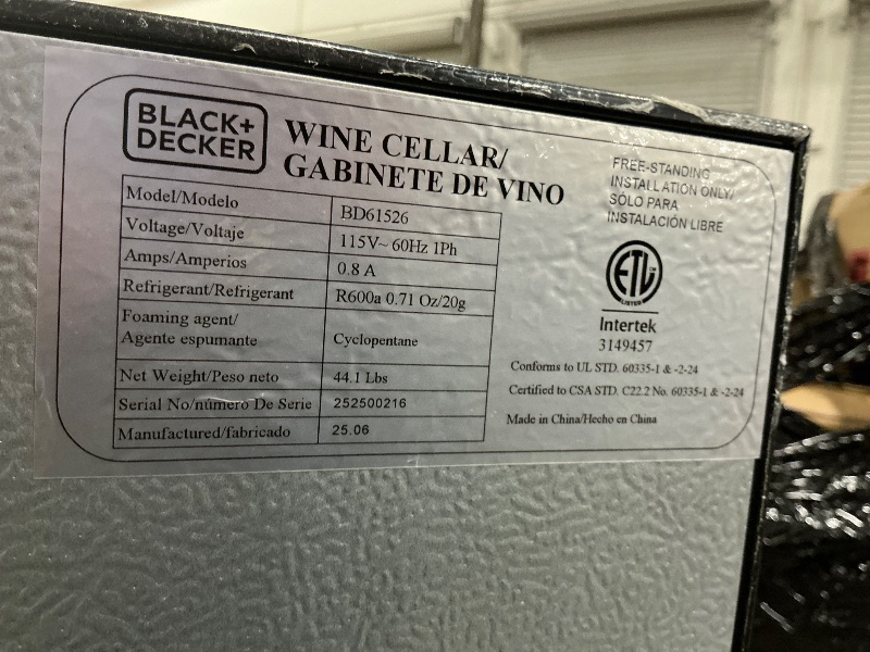 Photo 1 of *POWERS ON**BLACK+DECKER BD61526 Wine Cellar, Black Cabinet with Gray Door Accent