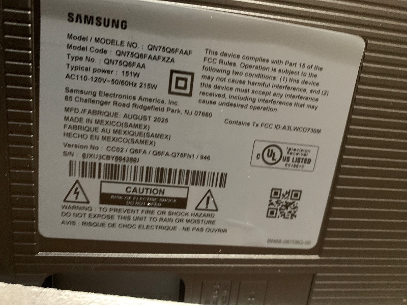 Photo 1 of ***DAMAGE**Samsung 75-Inch Class QLED Q6F Series Smart TV (2025 Model, 75Q6F) Q4 Lite Processor, Quantum HDR, Motion Xcelerator 60Hz, Color Booster, 4K Upscaling, Works with Alexa