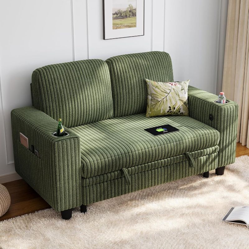 Photo 1 of **INCOMPLETE*** LINSY HOME Loveseat Sofa with Storage - Comfy Plush Corduroy 2 Seater Sofa with USB Charging & Cup Holders, Deep Seat Love Seat for Small Spaces Living Room Bedroom Apartment, Green