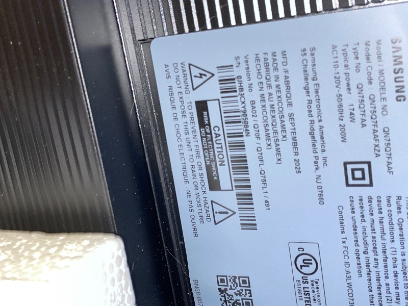 Photo 1 of ***MISSING CORD AND STAND
Samsung 75-Inch Class QLED Q7F Series Samsung Vision AI Smart TV (2025 Model, 75Q7F) Quantum HDR, Object Tracking Sound Lite, Q4 AI Gen1 Processor, 4K upscaling, Gaming Hub, Alexa Built-in