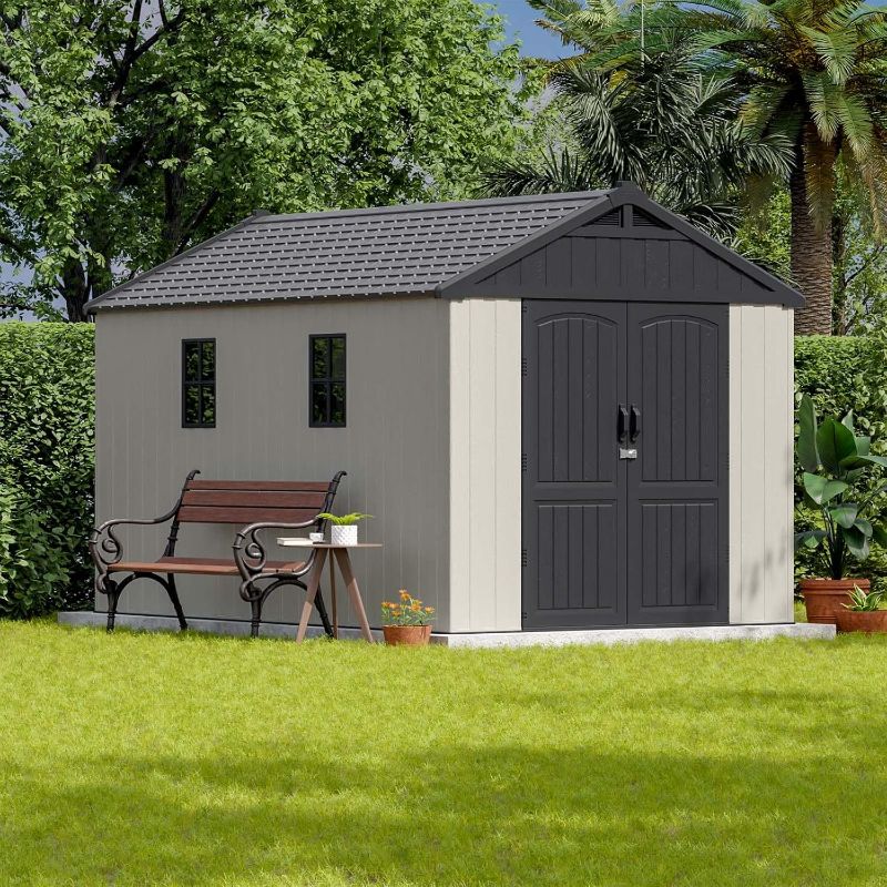 Photo 1 of **INCOMPLETE**Patiowell 8 x 12 FT Plastic Outdoor Storage Shed with Floor, Resin Shed with Window and Lockable Door for Garden, Backyard, Tool Storage Use, Easy to Install in Beige (Kick-it Shed)
