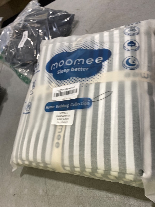 Photo 1 of MooMee Striped Duvet Cover Set 100% Washed Cotton Linen Like Textured Breathable Durable Soft Comfy (Heathered Green Classic Stripes, Queen 90"x90")