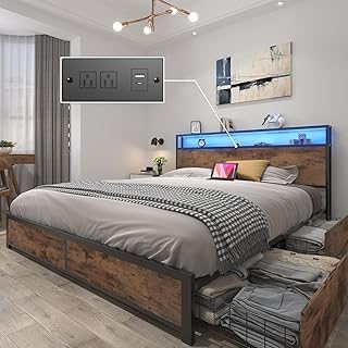 Photo 1 of Upholstered Queen LED Bed Frame with 2 Storage Drawers and Charging Station, Corduroy Platform Bed with 3-Tier Storage Bookcase Headboard, Heavy Duty Metal Support, No Box Spring Needed - brown