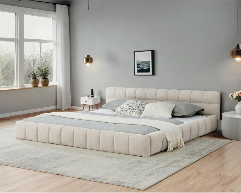 Photo 1 of LIFE SKY California King Upholstered Bed Frame: Modern Platform Bed with Thick Chenille Fabric & Headboard - No Box Spring Needed for Master Bedroom Sleeping & Relaxation
