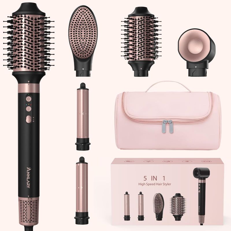 Photo 1 of Annlary 5 in 1 Ionic Hot Air Styler, 1400W Powerful Hair Dryer Brush, Auto-Wrap Curlers, Paddle Brush for Fast Drying, Curling, Straightening, Volumizing with Travel & Storage Bag
