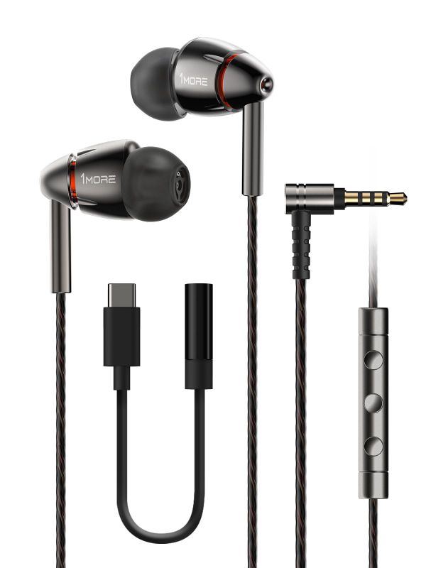 Photo 1 of 1MORE in-Ear Headphones Hi-Res Audio, Quad Driver Wired Earbuds with 3.5mm Jack, Deep Bass Stereo Sound, Built-in Microphone/Remote, 8 Ergonomic Fit Ear Tips, Tangle-Free Cable, Silver/Gray
