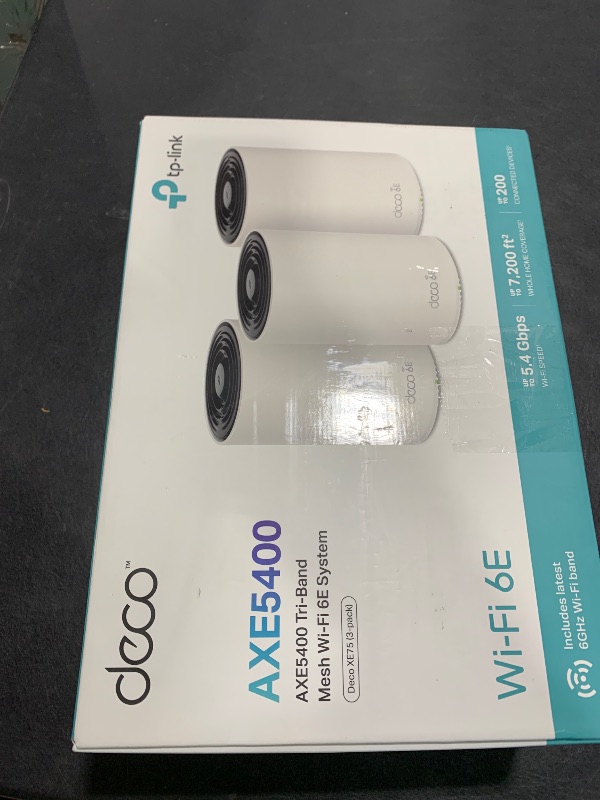 Photo 1 of TP-Link Deco XE75 AXE5400 Tri-Band WiFi 6E Mesh System - Wi-Fi up to 7200 Sq.Ft, Engadget Rated Best Mesh for Most People, Replaces WiFi Router and Extender, AI-Driven Mesh New 6GHz Band, 3-Pack