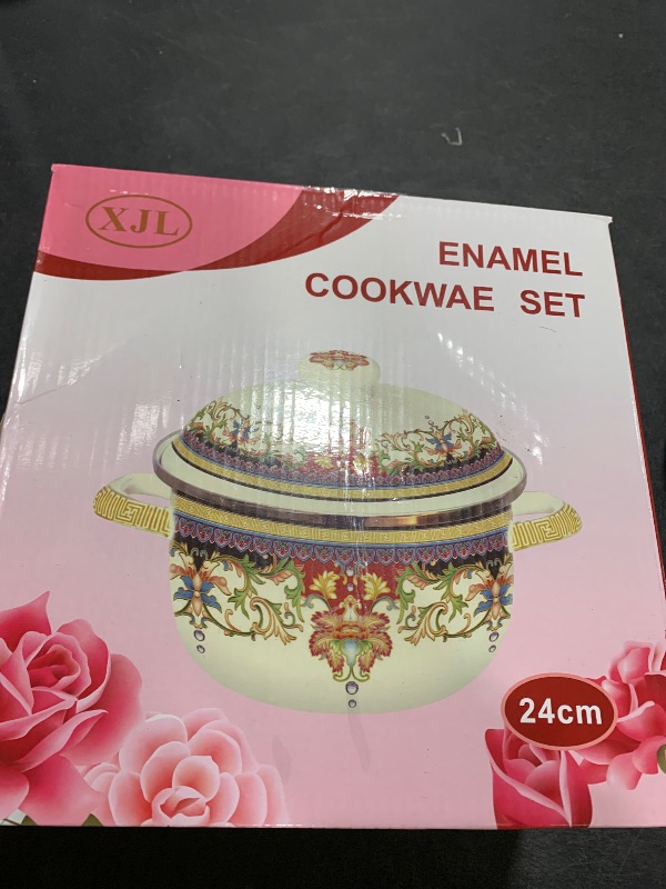 Photo 1 of Retro 5QT Flower Enamel on Steel Stock Soup pot with Lid, Stockpots for Cooking