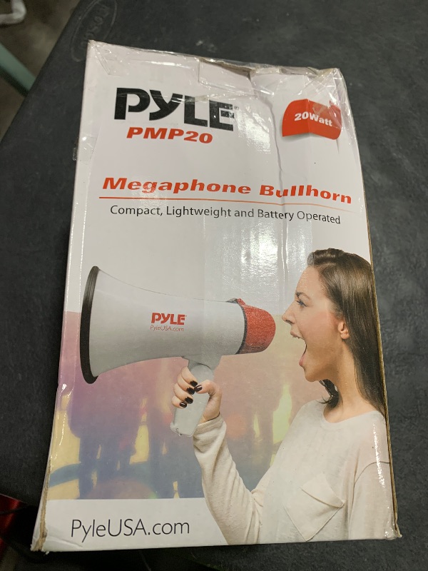 Photo 1 of Pyle 20W Megaphone Bullhorn - 5.4'' x 8.6'' Portable Megaphone, Projection Range Up to 800 Sq. Yards, Voice Talking & Siren Alert, Shoulder Strap, Battery Operated, (White)