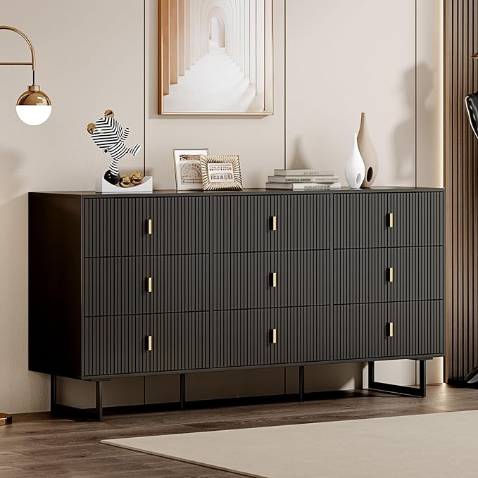 Photo 1 of Modern Chest of Drawers with 9 Drawers,Deep Drawers,Clothes Organizer,Large Storage Cabinet for Living Room, Bedroom,Hallway,with Anti-Tipping Device,Matte Black
