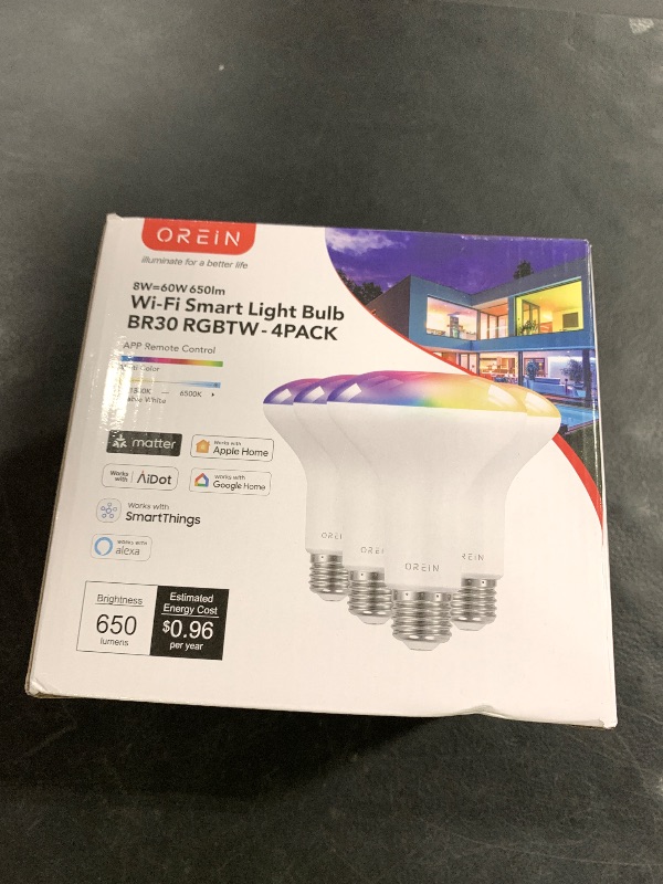 Photo 1 of OREiN Matter Smart Light Bulb, BR30 Smart Light Bulbs 650LM 60W, Recessed Color Changing Bulbs RGBTW, Smart Flood Light Bulb Compatible with Alexa, Apple Home, Google Home, SmartThings, 4Pack