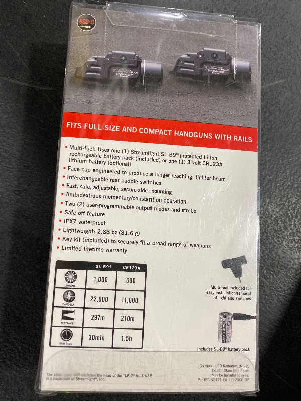 Photo 1 of Streamlight 69458 TLR-7 HL-X USB 1000-Lumen 22000 Candela Rechargeable Rail Mounted Weapon Light with Interchangeable High & Low Switches and Key Kit, Black