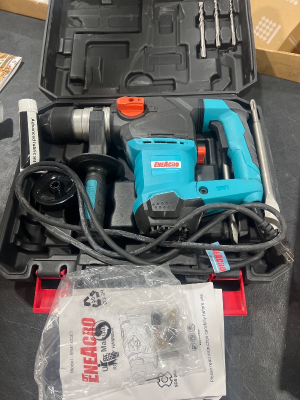 Photo 1 of ENEACRO 1-1/4 Inch SDS-Plus 12.5 Amp Heavy Duty Rotary Hammer Drill, Safety Clutch 3 Functions with Vibration Control Including Grease, Chisels and Drill Bits with Case