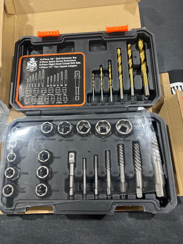 Photo 1 of REXBETI 26-Piece Bolt Extractor Screw Extractor Set and Cobalt Drill Bit Set, Case with 13-Piece Bolt Extractor, 6-Piece HSS Drill Bit, 6-Piece Spiral Screw Extractor and 1-Piece Socket Adapter