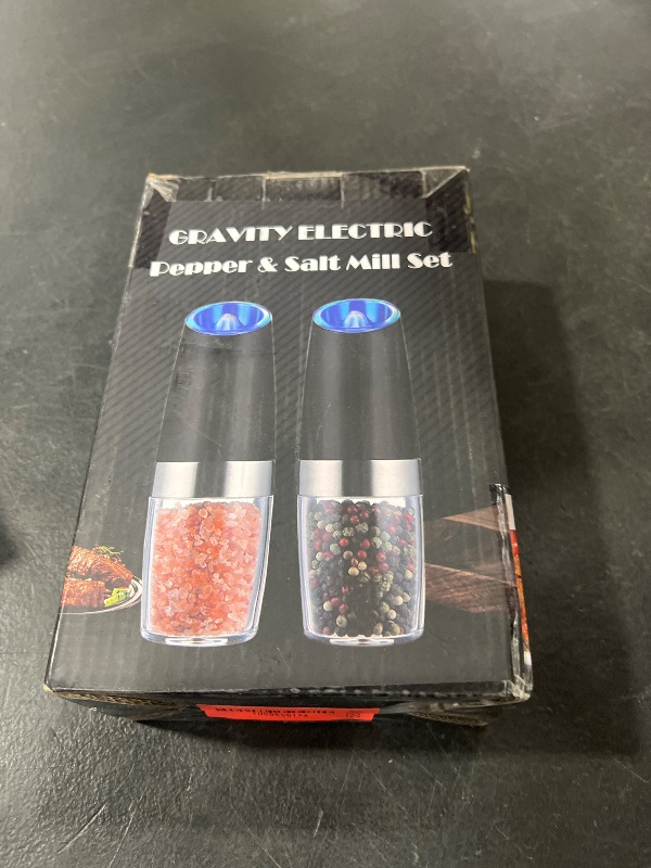 Photo 1 of XinXu Gravity Electric Pepper and Salt Grinder Set, Adjustable Coarseness, Battery Powered with LED Light, One Hand Automatic Operation, Black -2 Pack