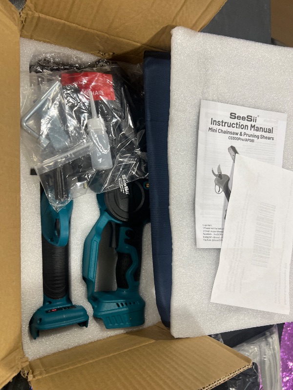 Photo 1 of SEESII Mini Chainsaw & Pruning Shears: 6" Electric Saw Brushless & 1.3" Pruner with 2×2.0Ah Batteries, Cordless Combo for Wood Cutting/Branch Trimming, Gardening Tools for Dad Men Husband