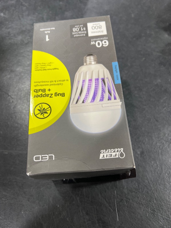 Photo 1 of Feit Electric LED Bug Zapper Light Bulb, 60W Replacement, E26 Base, 700 Lumen, 2in1 Light Bulb and Zapper, 5000K Daylight, 15,000-Hour Lifetime, C60/950CA/BZ/LED