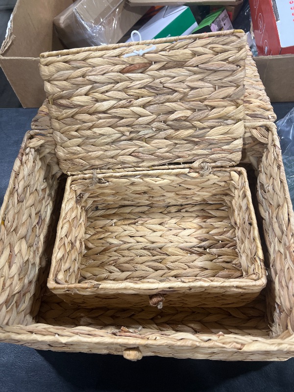 Photo 1 of LUSYDECO Set of 3 Wicker Storage Baskets with Lid, Large Rectangular Rattan Basket Decorative Boxes, Natural Water Hyacinth Wicker Basket for Shelf Organizer, Nursery Room