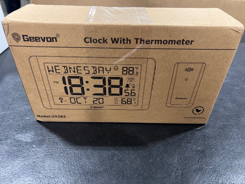 Photo 1 of Geevon Atomic Clock with Indoor Outdoor Temperature – 10.8'' Large Display, Self-Setting Wall Clock with Wireless Sensor, AC Powered & Battery Backup, Easy for Seniors, Bedroom, Office, Kitchen