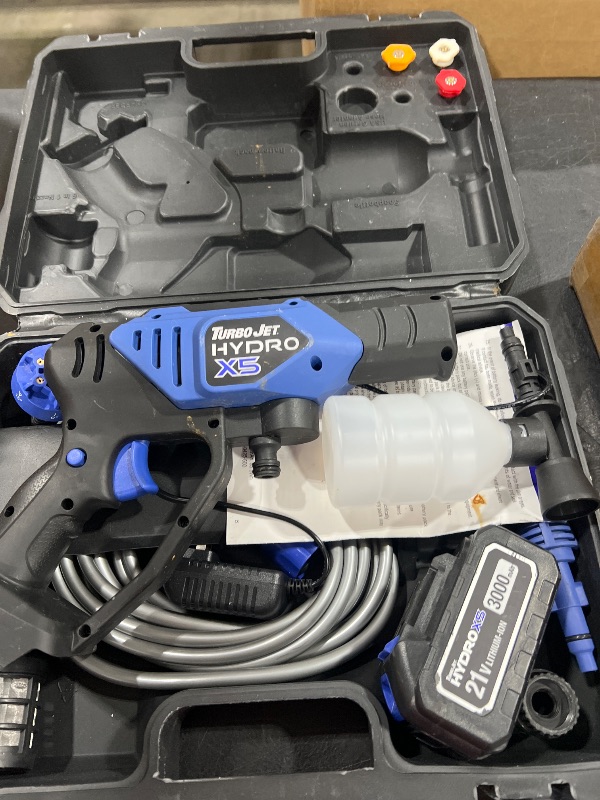 Photo 1 of Ontel Turbo Jet HydroX5 Pro Portable Cordless Pressure Washer (21V 3000mAh Battery), 6-in-1 Nozzle, Dual Water Source, 16ft Detachable Hose