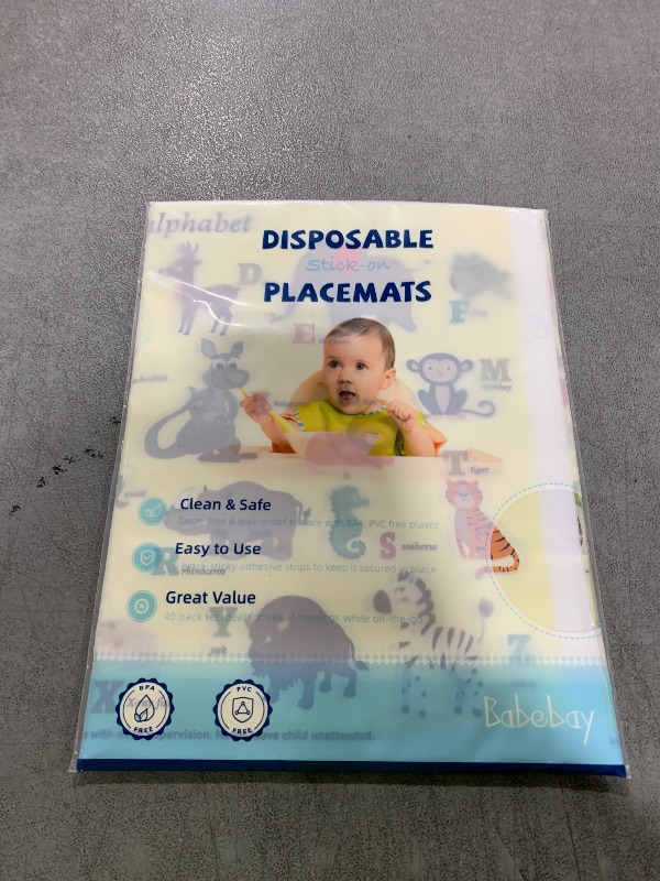 Photo 1 of Disposable Stick-on Placemats 40 Pack for Baby & Kids, Restaurant Table Mats 12" x 18" Sticky Place Mats, Toddler Baby Placemat, Animal Alphabet Theme