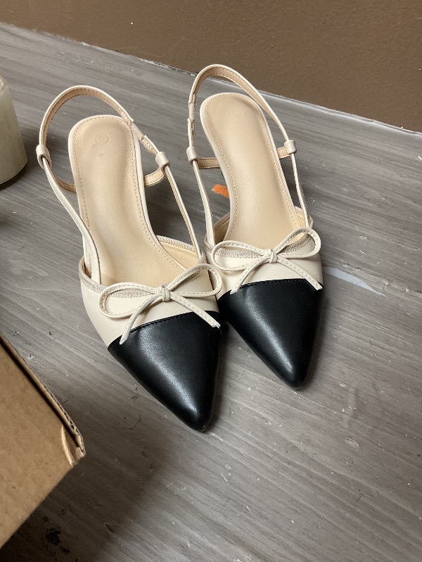 Photo 1 of Coutgo Women's Bow Tie Slingback Pumps Pointed Toe Kitten Low Heel Patchwork Dress Heeled Sandals, Beige, Size 6