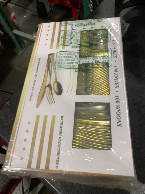 Photo 1 of N9R 300PCS Gold Plastic Silverware, Heavy Duty Gold Plastic Cutlery Set Disposable Flatware Dinnerware, 100 Forks, 100 Spoons, 100 Knives, Perfect for Party, Wedding and Daily Use