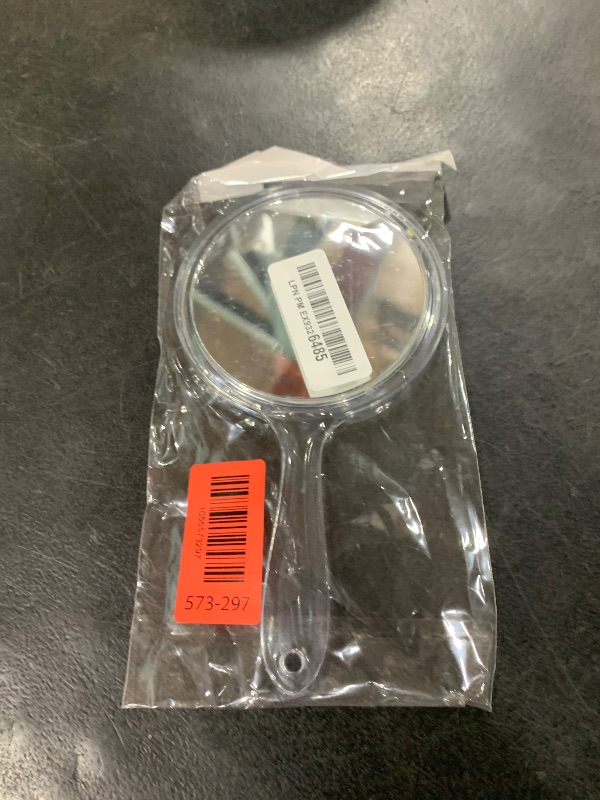 Photo 1 of D Handheld Mirror with Handle 3.9" W x 8.3" L Hand Mirror Small Doule Sided Magnifying Mirror 1X 2X, Handle Makeup Mirror, Acrylic Handheld Mirror Rounded Shape, Transparent 1 PCS