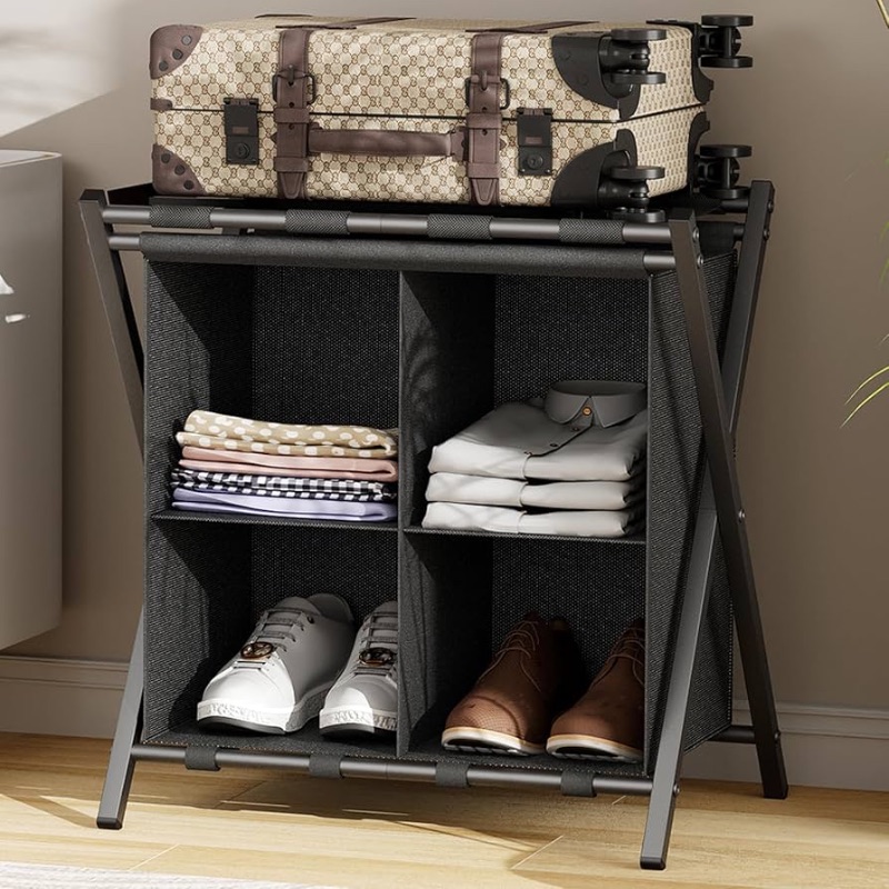 Photo 1 of Luggage Rack for Guest Room, Folding Suitcase Stand with Fabric Storage Shelf, Luggage Holder, Steel Foldable Luggage Stand for Guest Room, Bedroom, Hotel, Black