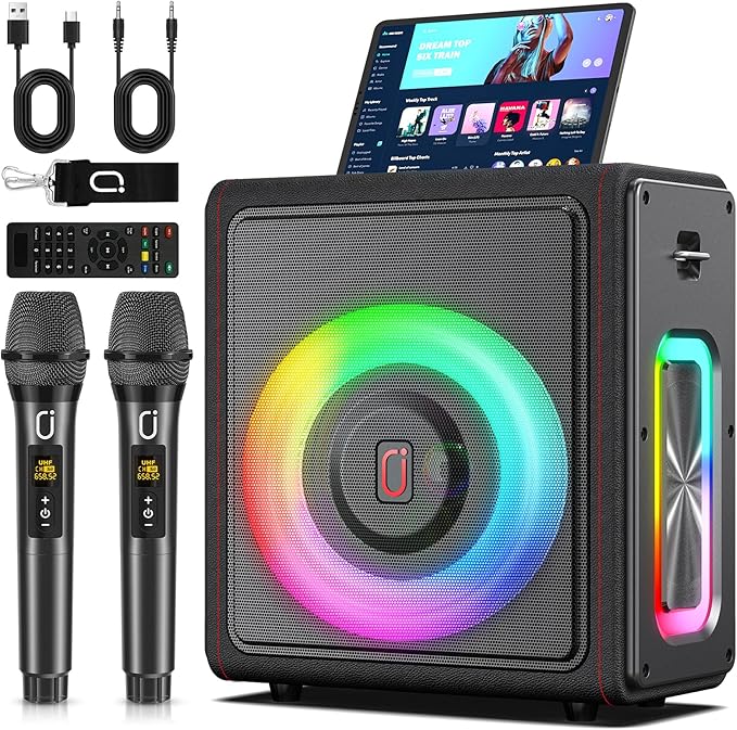 Photo 1 of Karaoke Machine, Portable Bluetooth 5.3 Speaker with 2 Wireless Microphones for Adults, PA System with Pitch Correction & Echo Adjustment, Supports TWS/TF Card/USB/AUX/Live for Home Party
