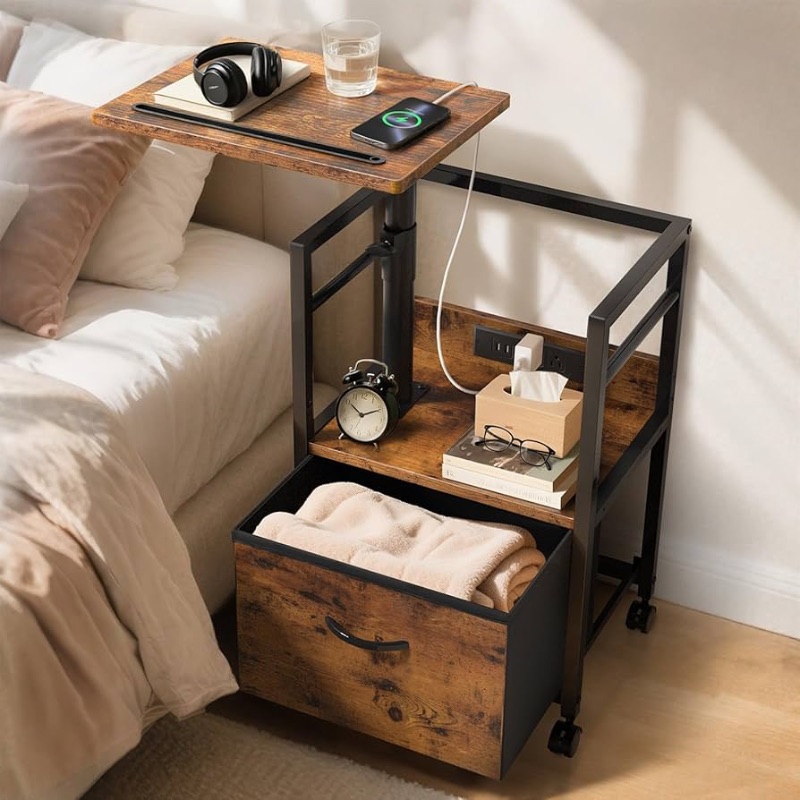 Photo 1 of Swivel Lift Top Nightstand with Charging Station, 2-Tier 360° Adjustable Bedside Table