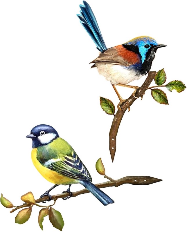 Photo 1 of Metal Bird Decoration, Courtyard & Garden Decoration, Fence & Tree Branch Decoration, Wall Art, Blue & Yellow, Rustic Style, All Seasons