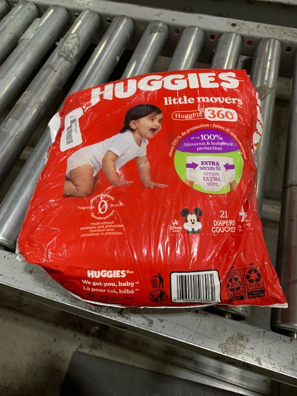 Photo 1 of Huggies Size 4 Baby Diapers, Little Movers HuggFit 360° Baby Diapers with 360° Waistband, Size 4 (22-37 lbs), 21 Count, Packaging May Vary